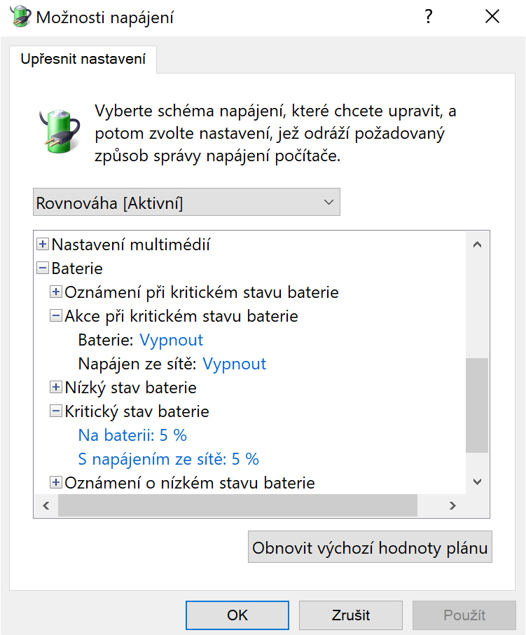 Windows 10 – upřesnit nastavení napájení baterie Windows 10 – upřesnit nastavení napájení baterie